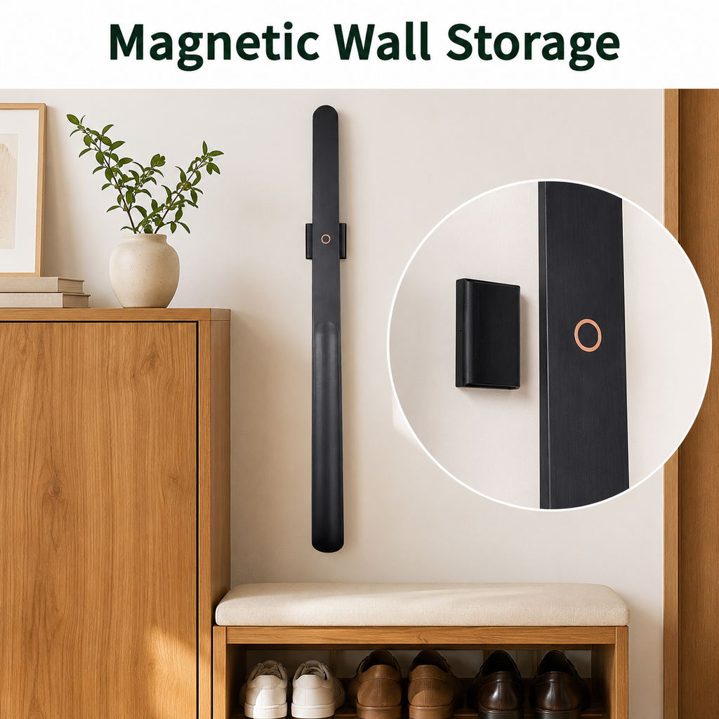 Magnetic Wooden Long-Handle Shoehorn with Wall Holder