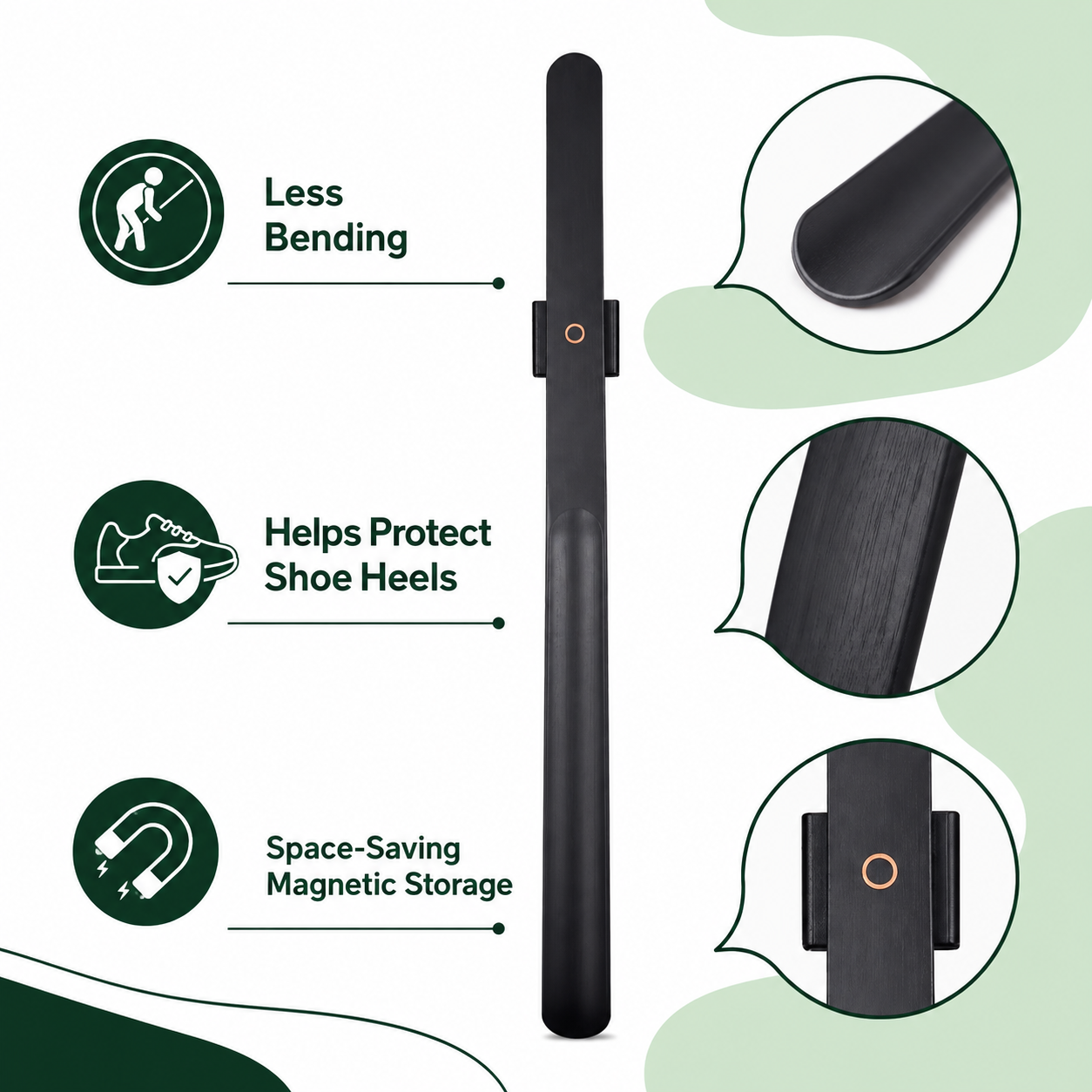 Magnetic Wooden Long-Handle Shoehorn with Wall Holder